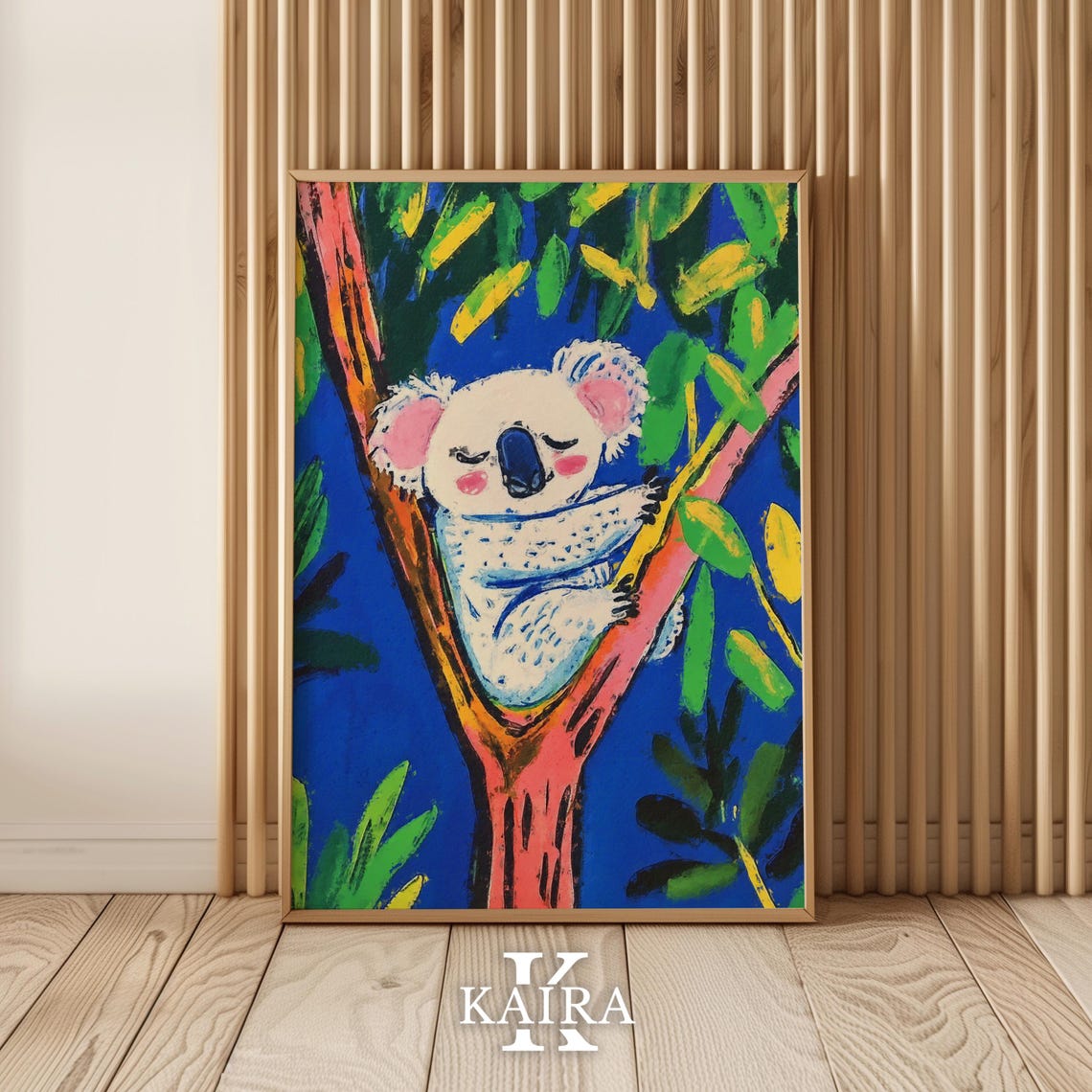 Sleepy White Koala Dozing in a Pink Tree Fork Among Leaves Poster - Image 5