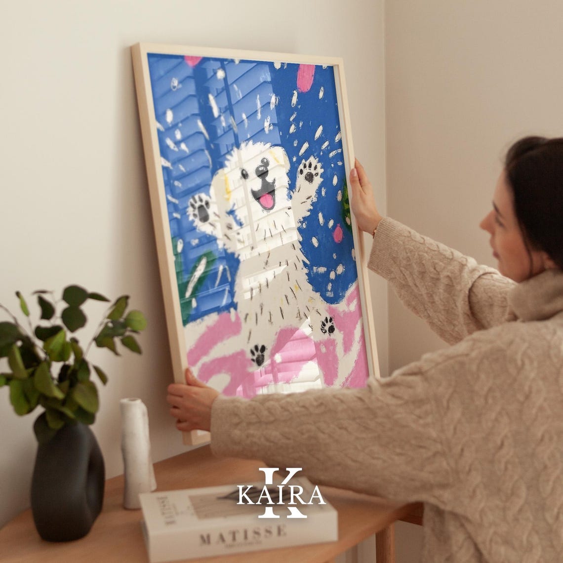 Excited White Puppy Jumping Joyfully In Pink And Blue Snow Poster - Image 2