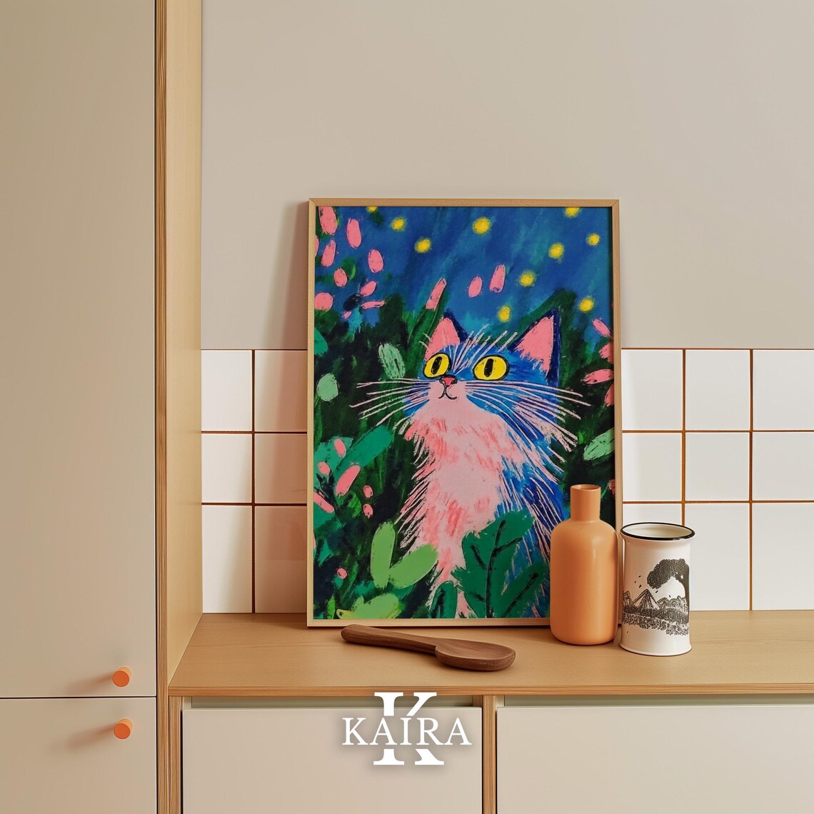 Pink and Blue Cat with Long Whiskers in a Night Garden Poster - Image 5