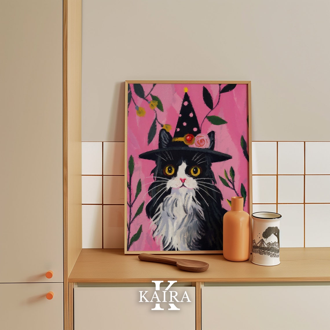 Fluffy Black Cat In Polka Dot Witch Hat With Flowers Pink Art Poster - Image 5