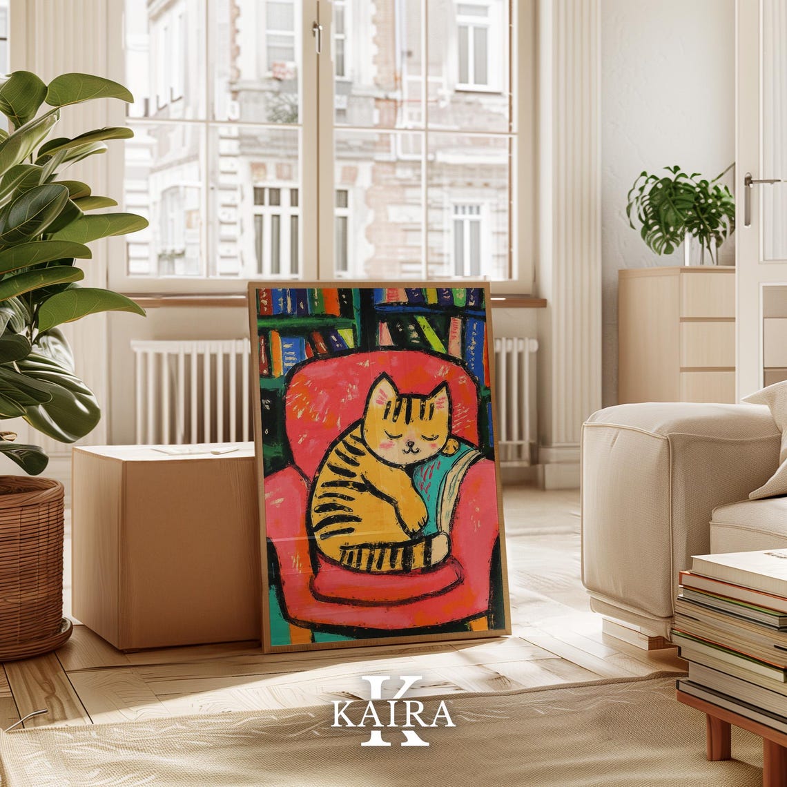 Tabby Cat Napping Cozily Curled in a Soft Red Armchair Poster - Image 3