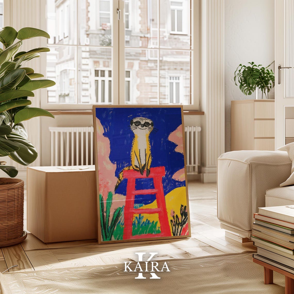 Curious Meerkat Standing Tall and Proud on a Bright Red Stool Poster - Image 3