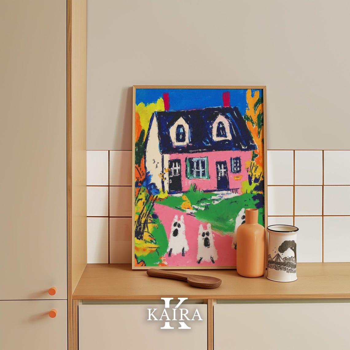 Spooky Pink Haunted House With Three Friendly White Ghosts Poster - Image 3