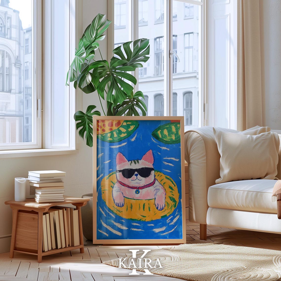 Cool Cat in Sunglasses Floating on a Yellow Pool Float Poster - Image 4