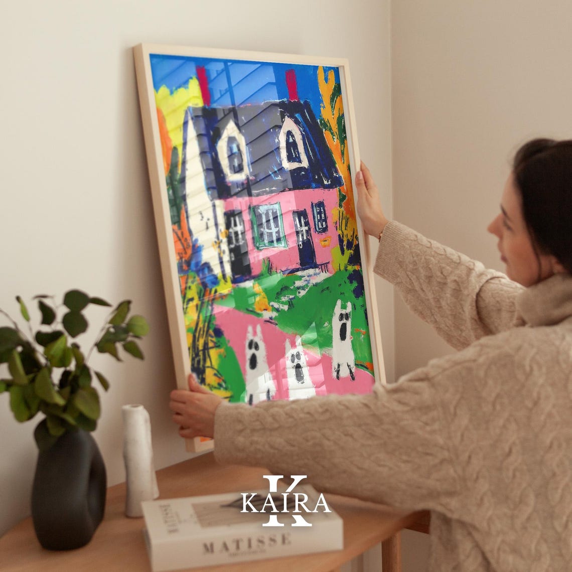 Spooky Pink Haunted House With Three Friendly White Ghosts Poster