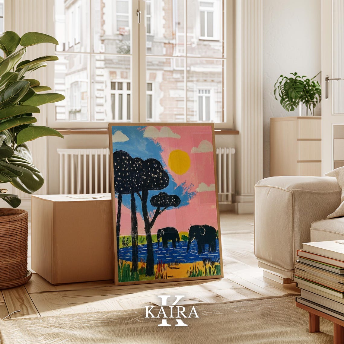 Two Elephants Drinking at a River Under a Pink Sunset Sky Poster - Image 3