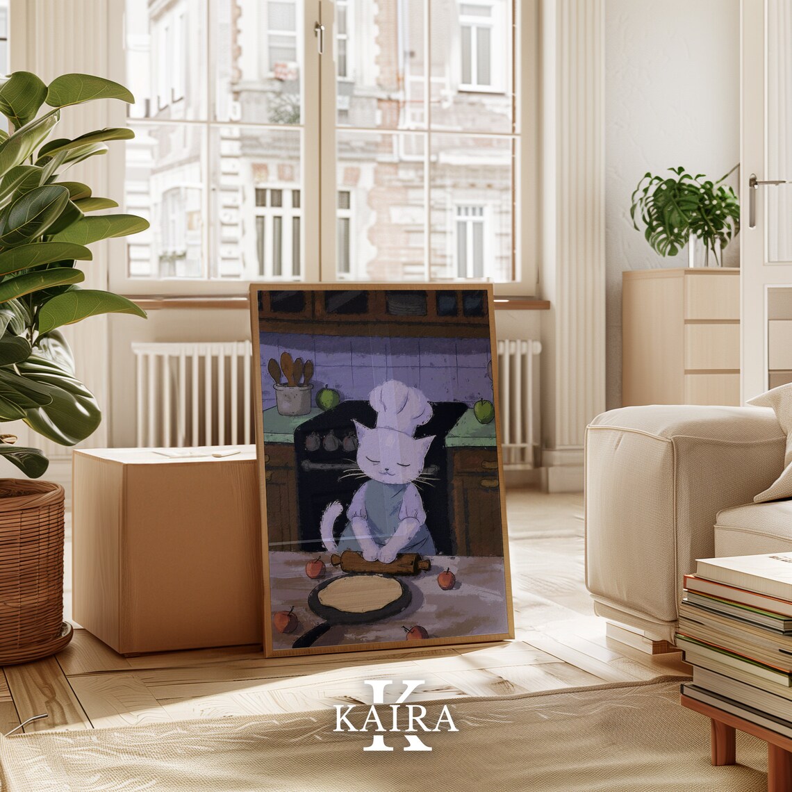 White Chef Cat Rolling Out Dough In A Cozy Kitchen Whimsical Art Poster - Image 4