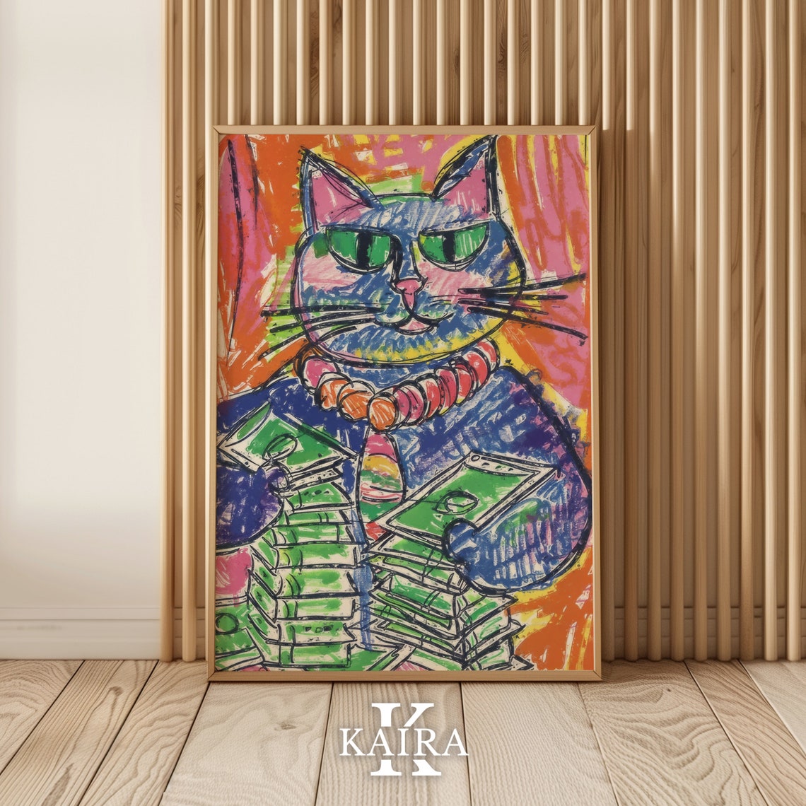 Rich Cat With Money Stacks Sunglasses Cartoon Style Funny Cat Poster - Image 2