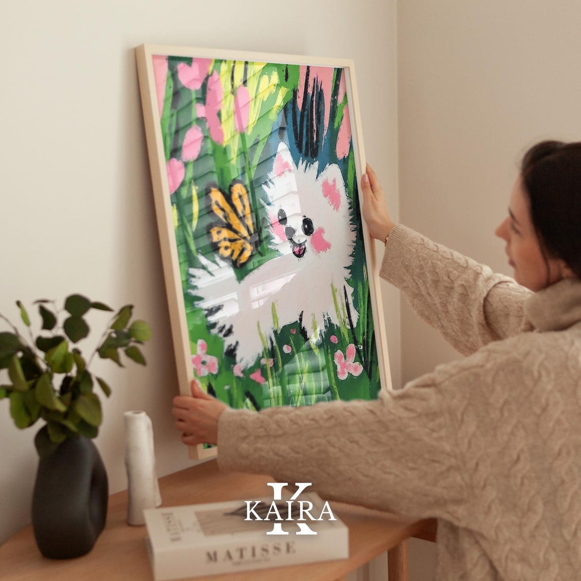 Smiling White Puppy Chasing A Yellow Butterfly In The Garden Poster - Image 2
