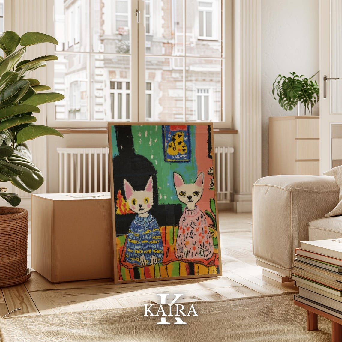 Two Cats Wearing Cozy Patterned Sweaters by a Warm Fireplace Poster - Image 3