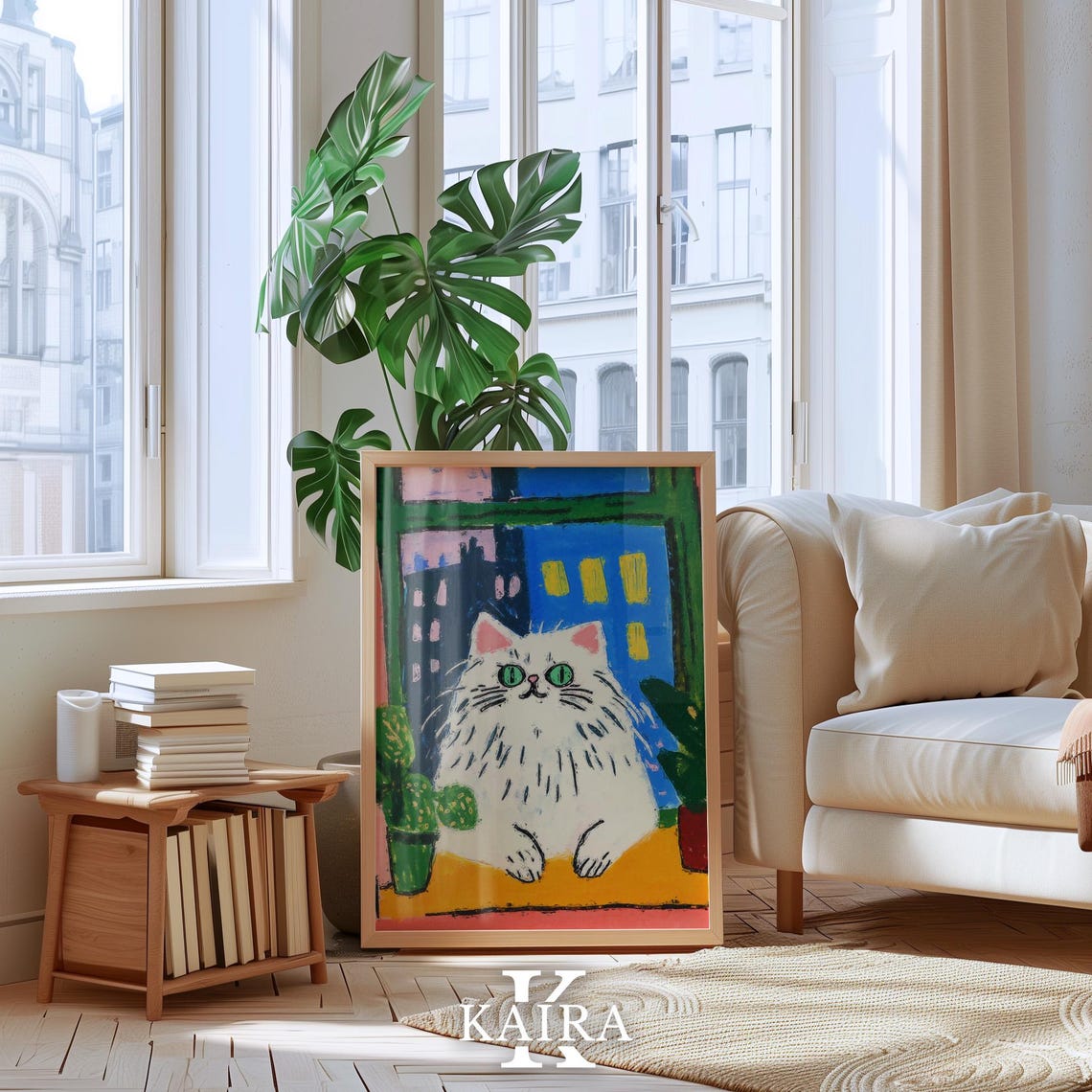 Fluffy White Cat Sitting in a Window Above the Night City Poster - Image 4