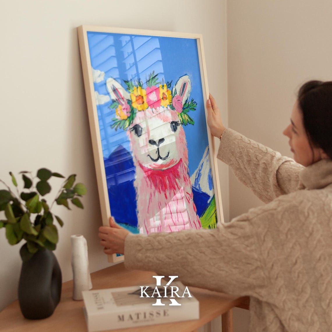 Smiling Pink Llama Wearing a Bright Flower Crown by Mountains Poster - Image 2
