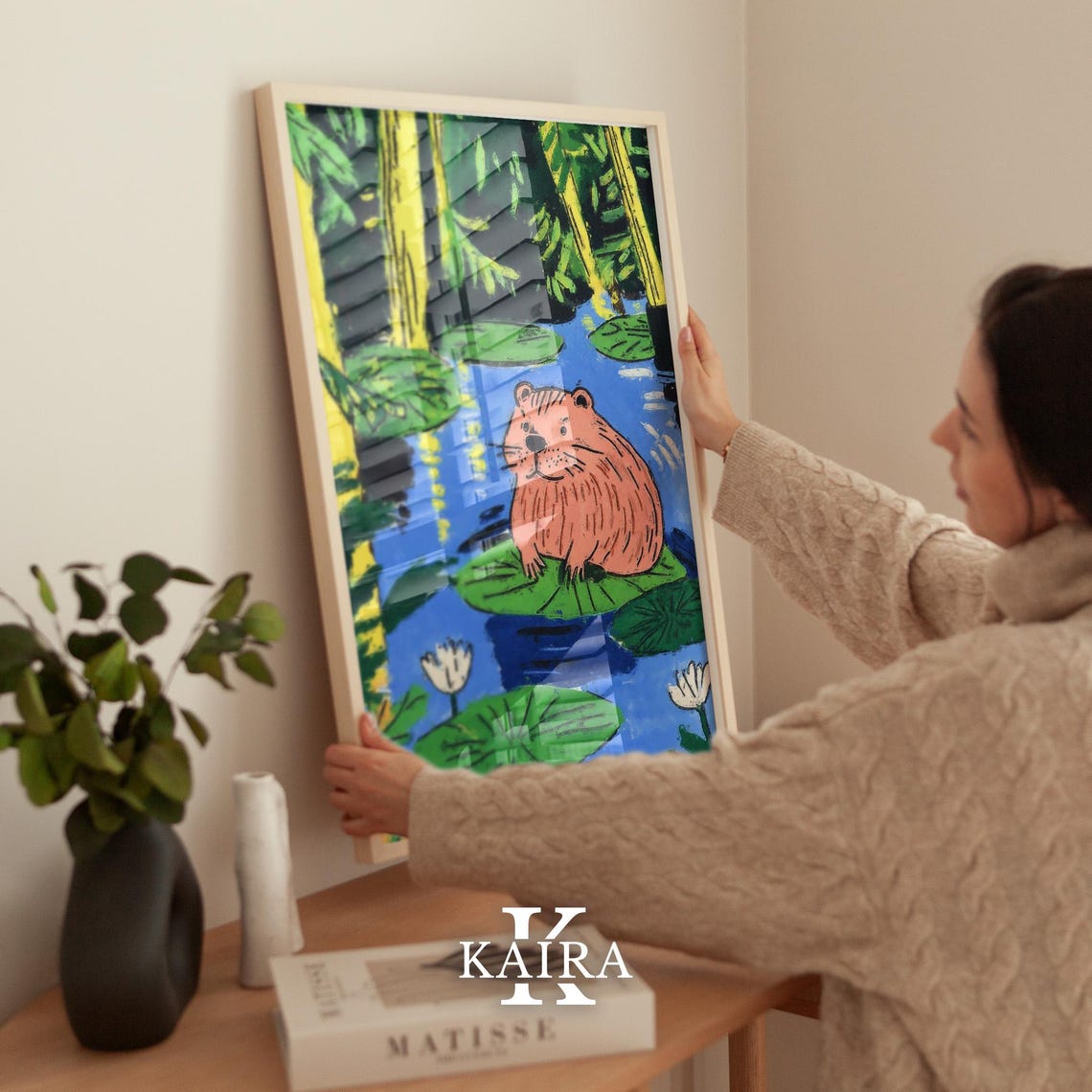 Chubby Pink Beaver Resting On A Lily Pad In A Forest Pond Poster - Image 2