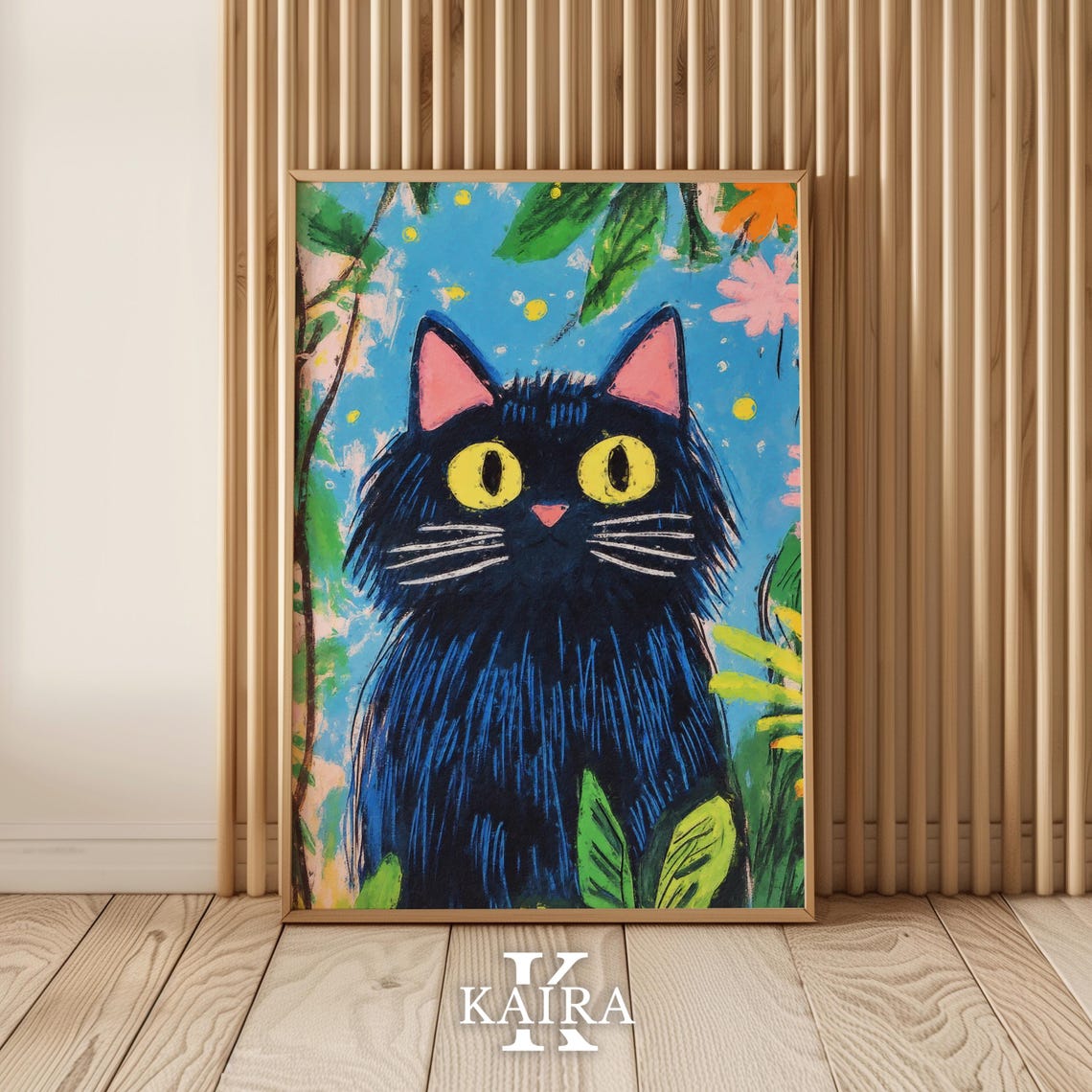 Fluffy Black Cat with Golden Yellow Eyes in a Blooming Garden Poster