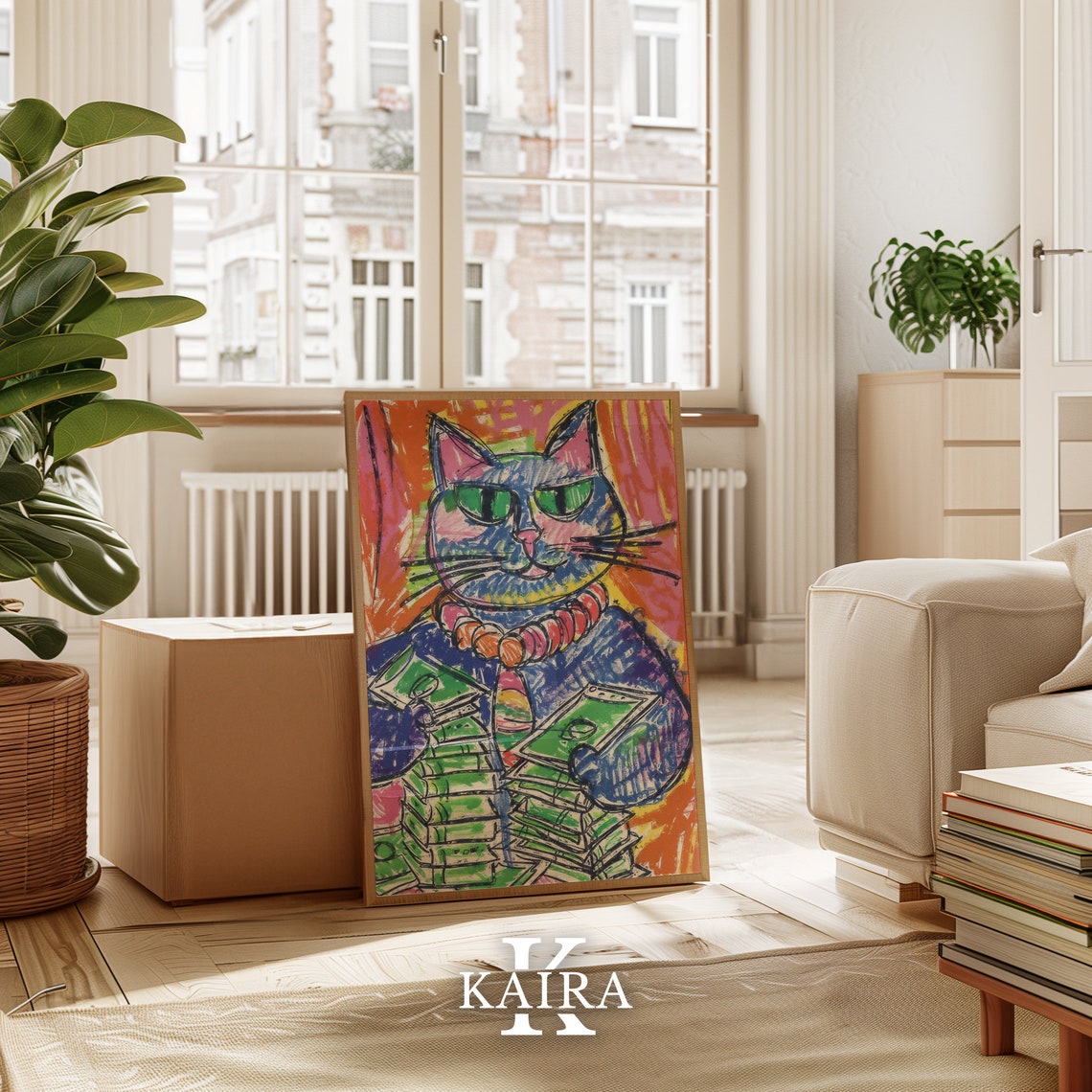 Rich Cat With Money Stacks Sunglasses Cartoon Style Funny Cat Poster - Image 3