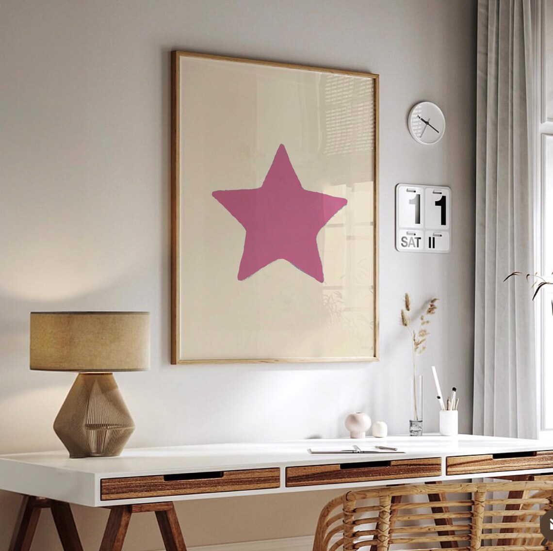 Hand Drawn Pink Star Minimalist Beige Aesthetic Dorm Room Poster