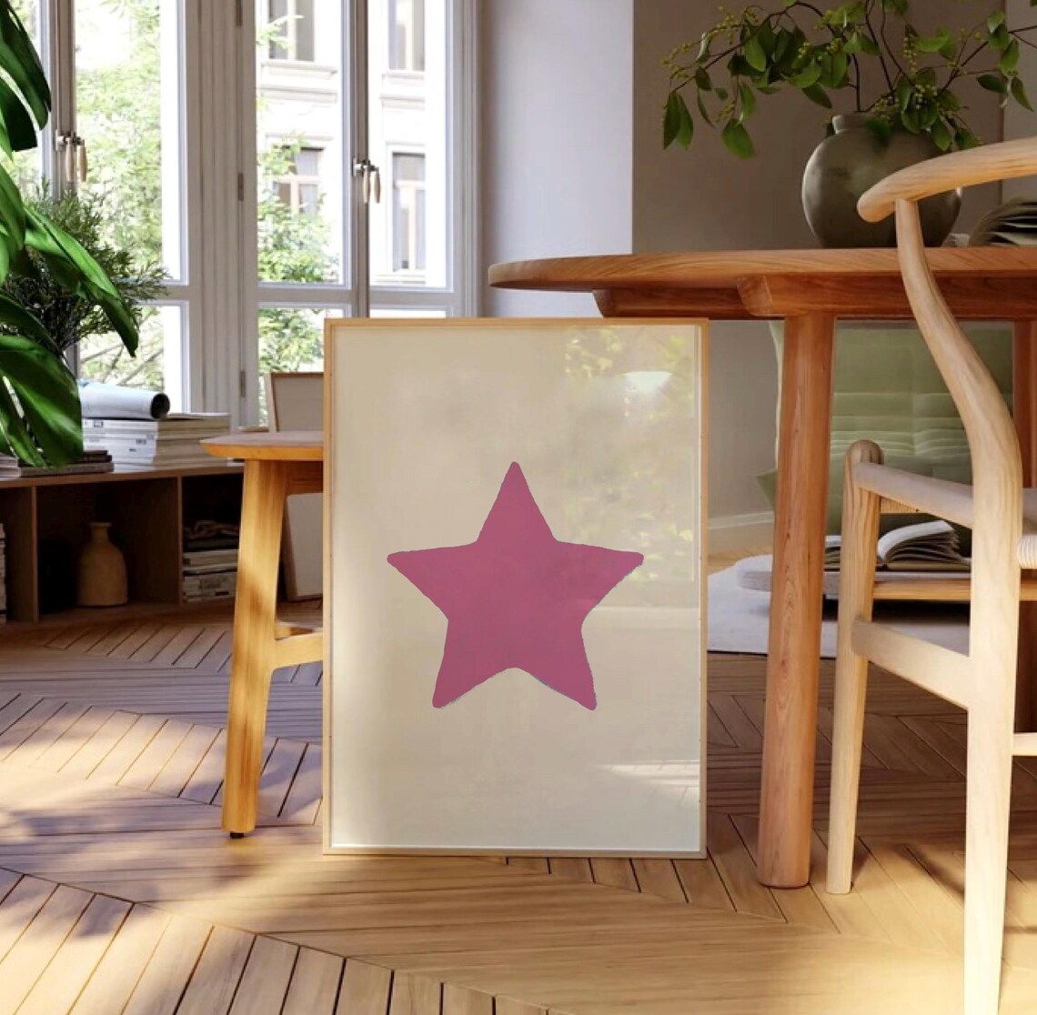 Hand Drawn Pink Star Minimalist Beige Aesthetic Dorm Room Poster - Image 2