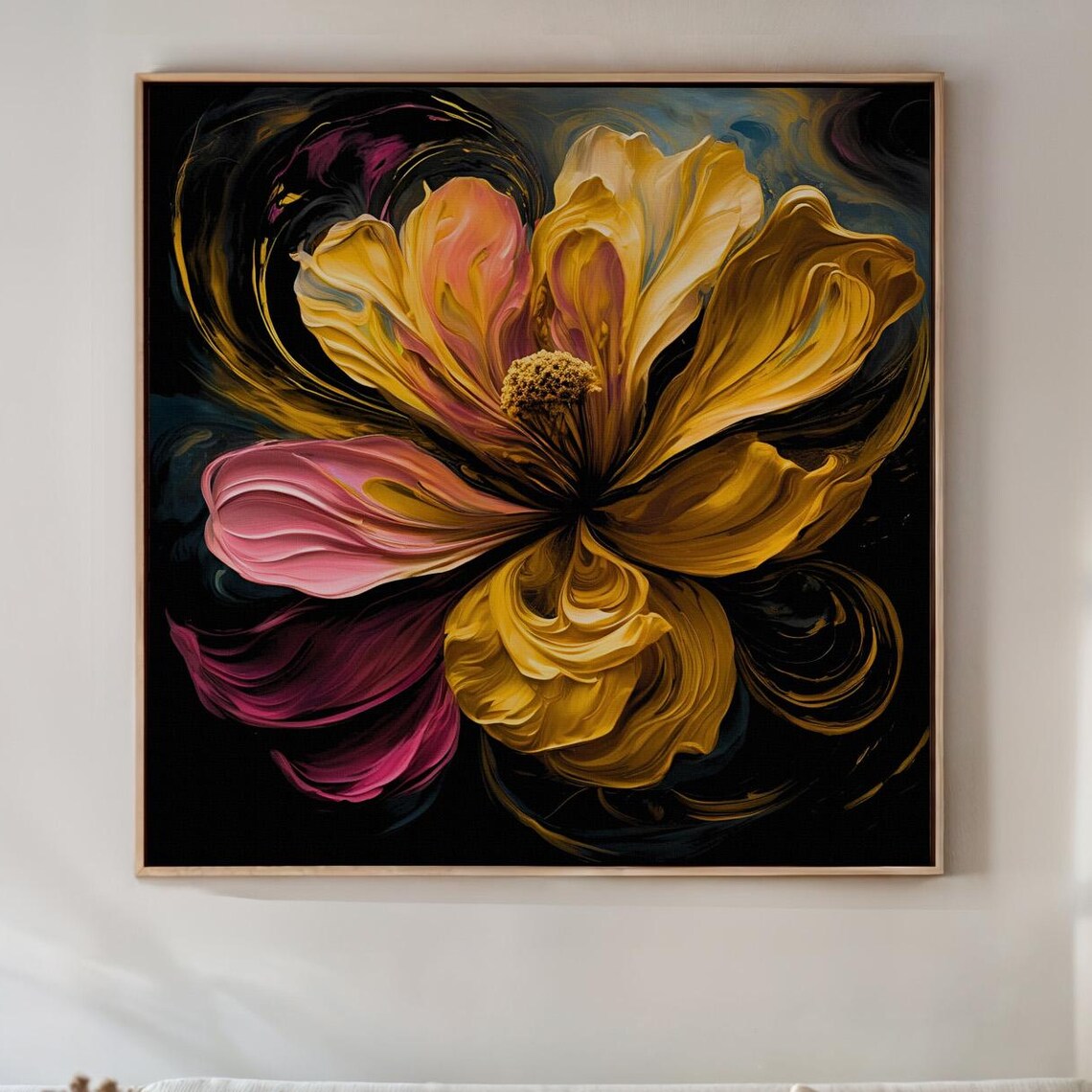 Abstract Floral Art, Golden Yellow Pink Flower Poster
