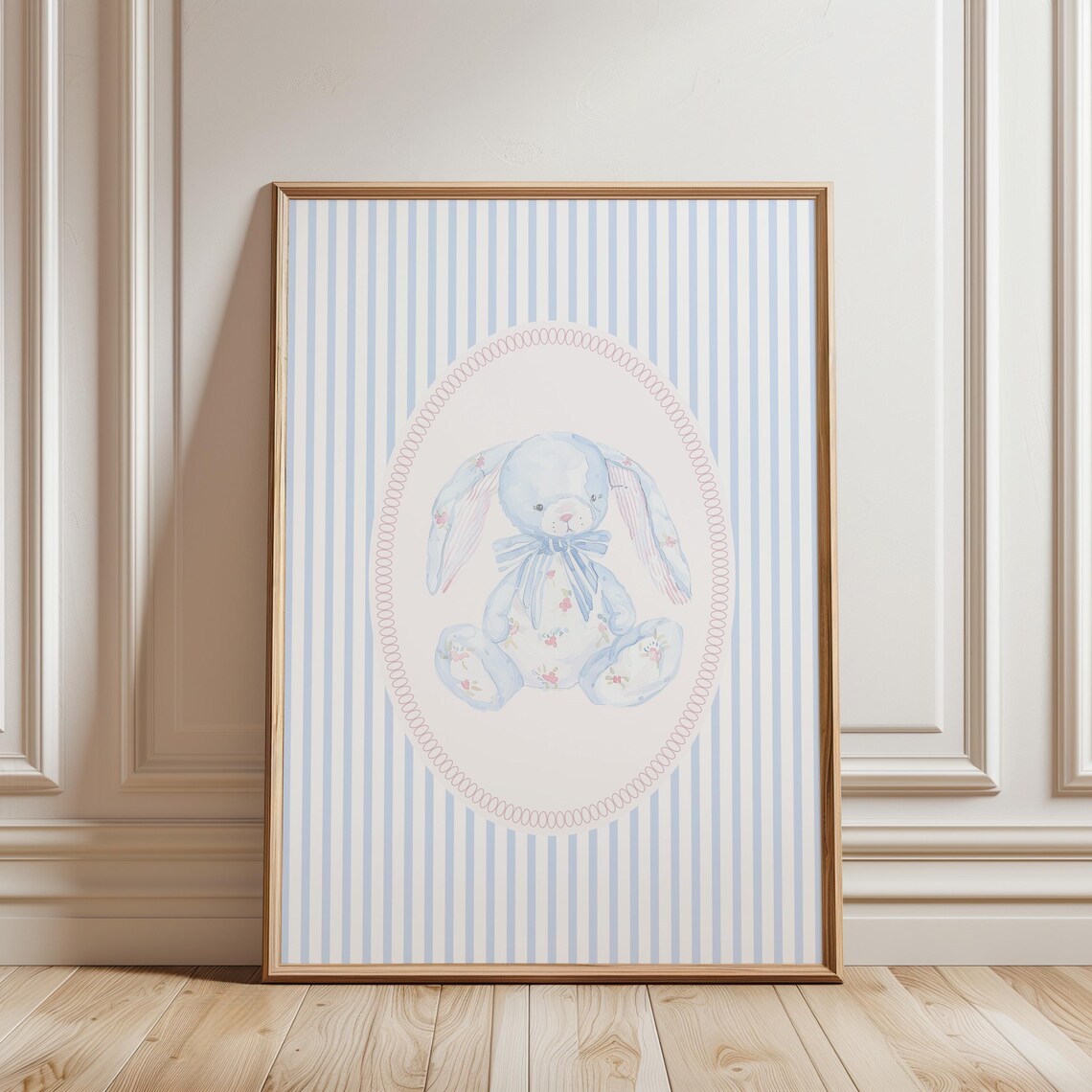 Blue Floral Bunny Rabbit Watercolor Nursery Print Blue Stripes