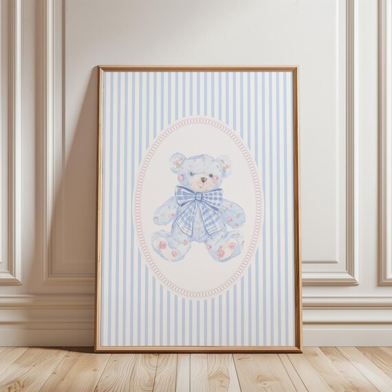 Blue Teddy Bear Gingham Bow Oval Striped Nursery Wall Art Decor