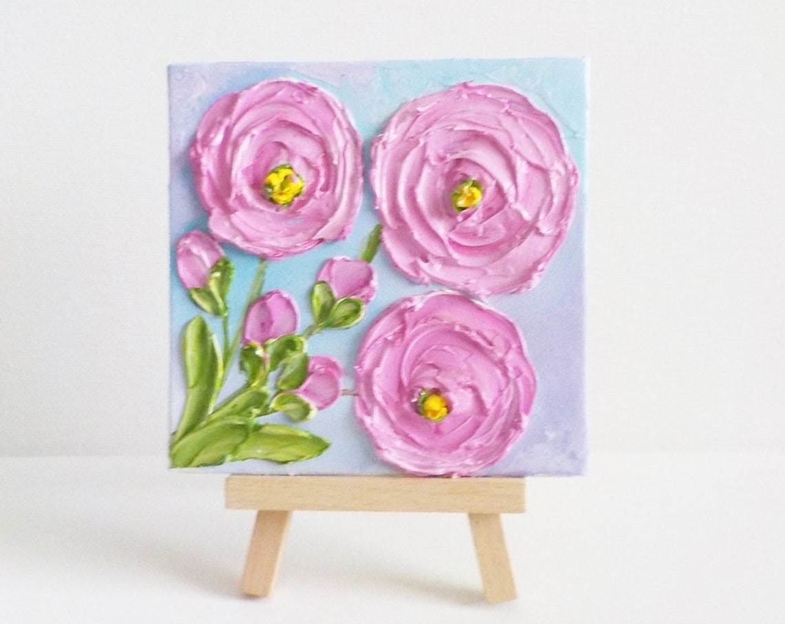 Bright Pink Ranunculus Impasto Flowers Mini Painting Art Poster