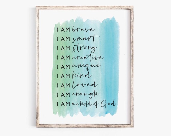 I Am Brave Positive Affirmations Teal Watercolor Kids Poster