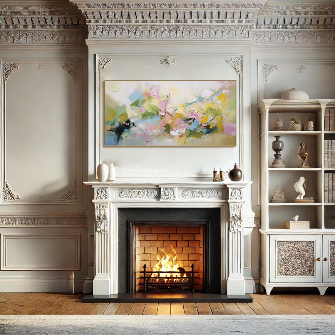 Pastel Abstract Floral Pink Blue Green Textured Oil Painting Wall Art - Image 3