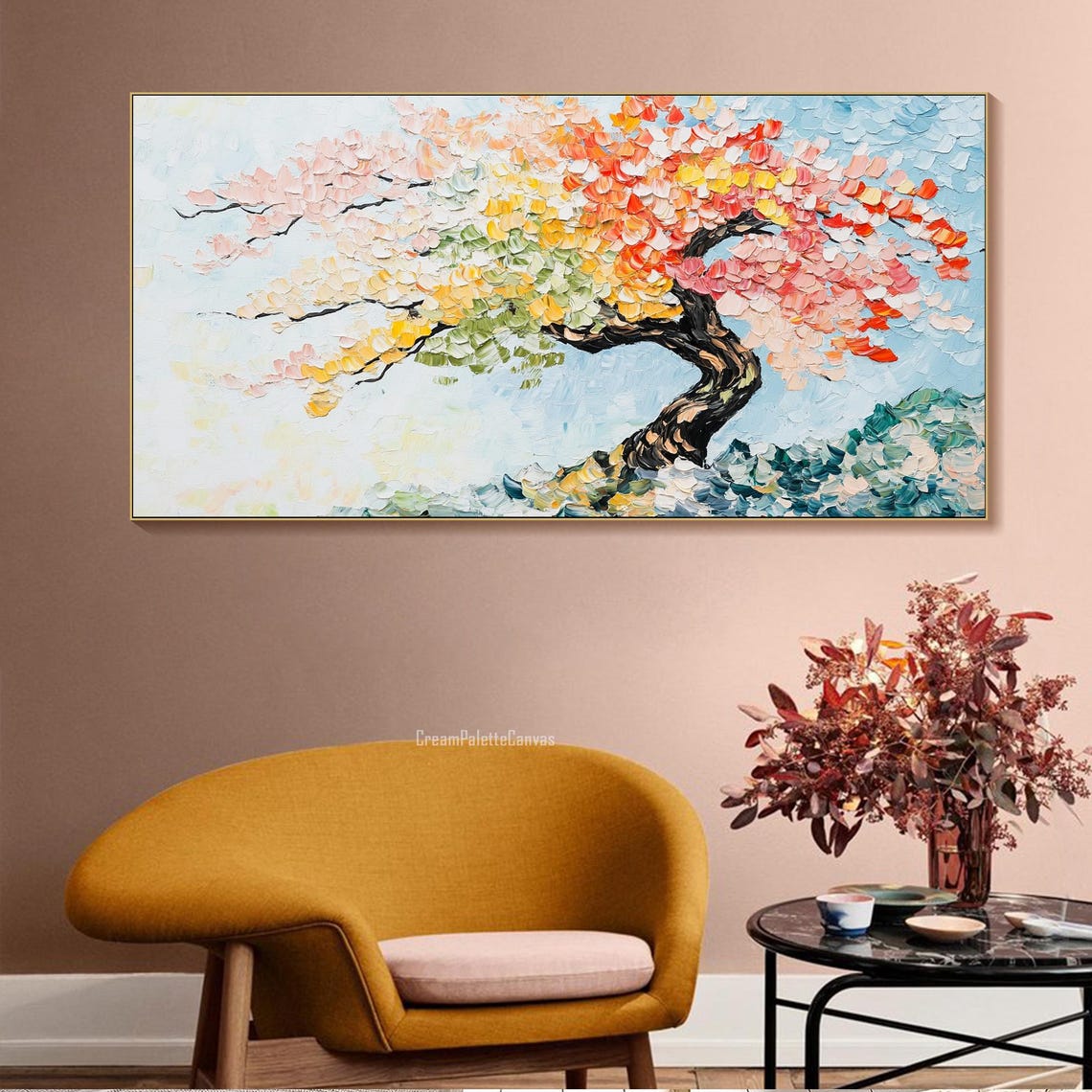 Vibrant Rainbow Blossom Tree 3D Textured Impasto Oil Painting Wall Art - Image 3