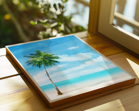 Lone Palm Tree on Tropical Beach Watercolor Coastal Wall Art