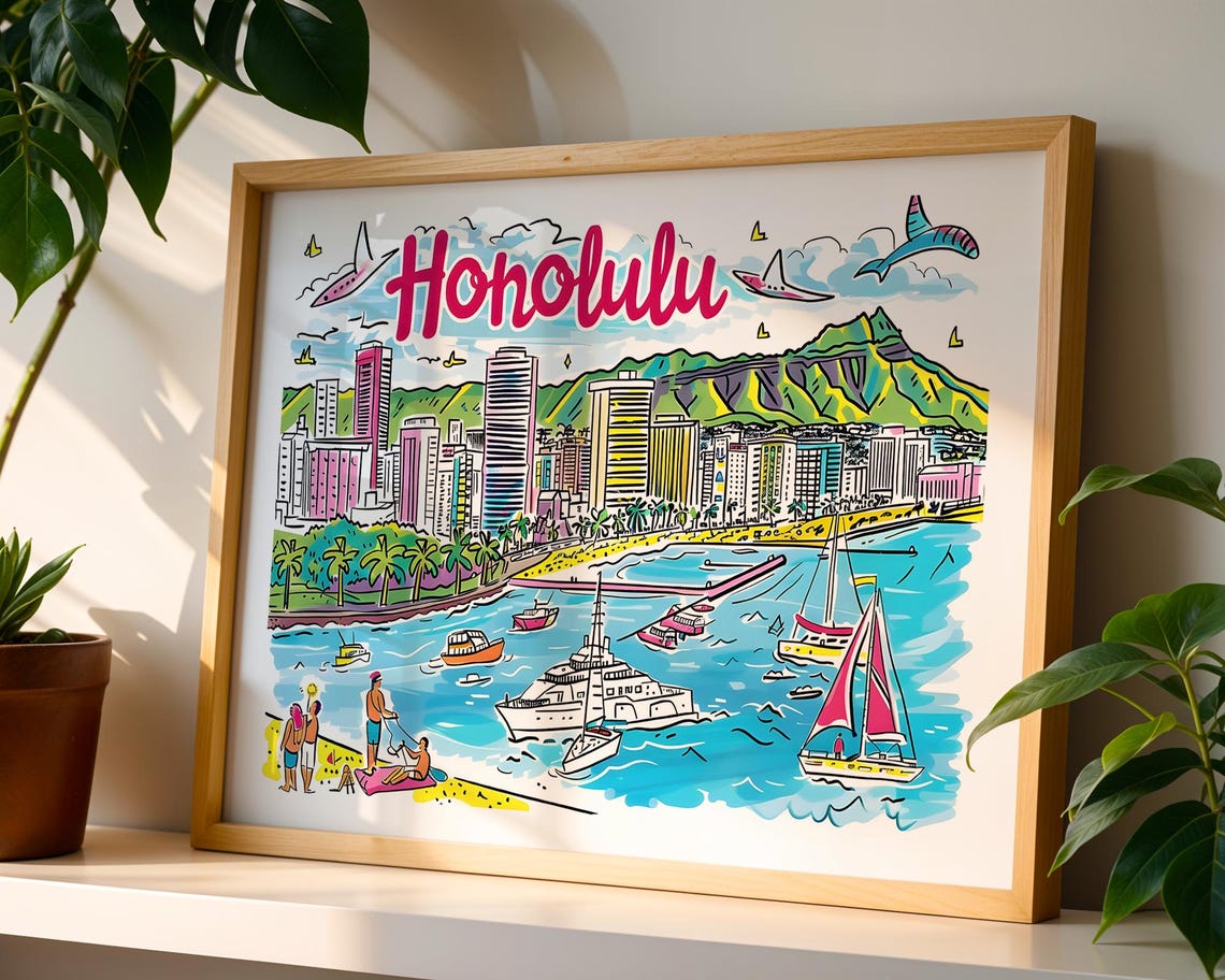 Honolulu Hawaii Colourful Illustrated Waikiki Beach Skyline Poster