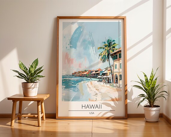 Hawaii USA Tropical Beach Palm Tree Seaside Town Scene Poster