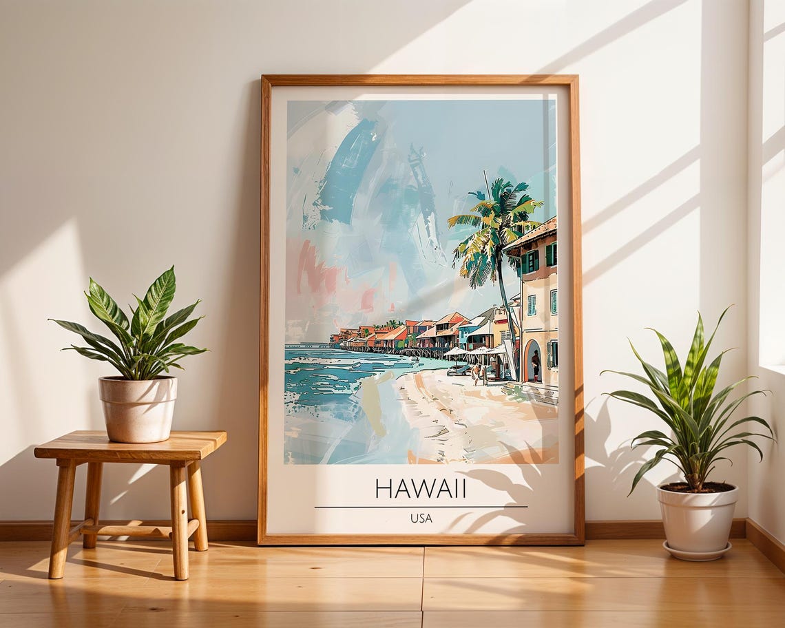 Hawaii USA Tropical Beach Palm Tree Seaside Town Scene Poster