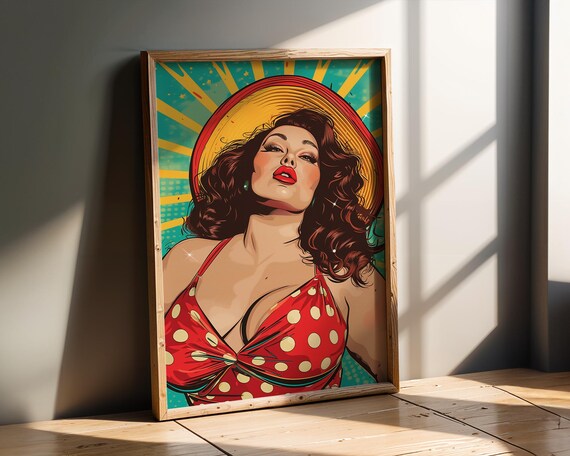 Retro Curvy Pinup Woman Polka Dot Dress Sun Hat Pop Art Print