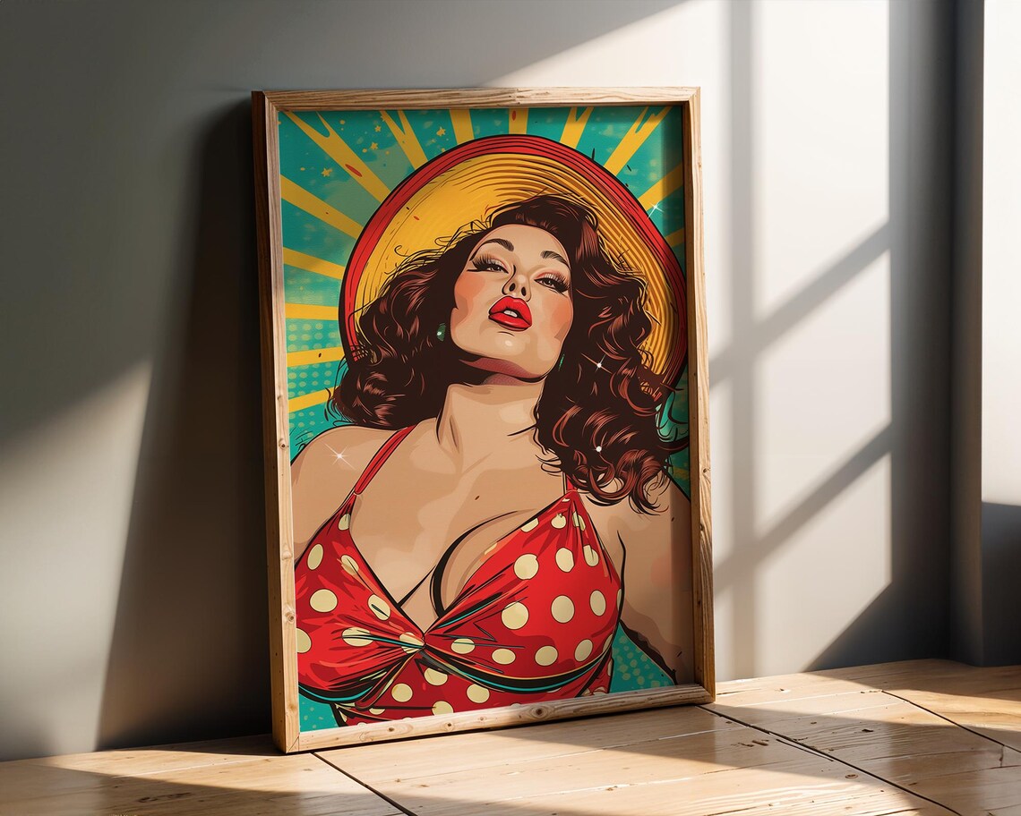 Retro Curvy Pinup Woman Polka Dot Dress Sun Hat Pop Art Print