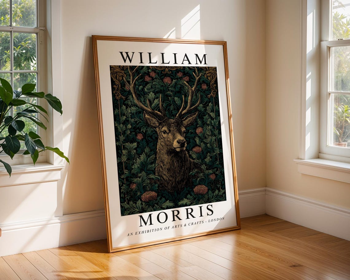 William Morris Stag Dark Botanical Arts and Crafts Exhibition Poster
