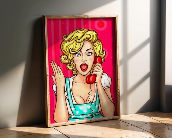 Retro Blonde Woman on Red Rotary Phone 1950s Pin Up Pop Art Poster