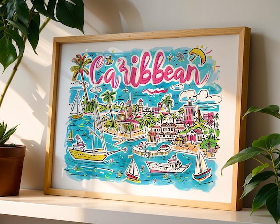 Caribbean Tropical Harbor Sailboats Hand Drawn Travel Poster