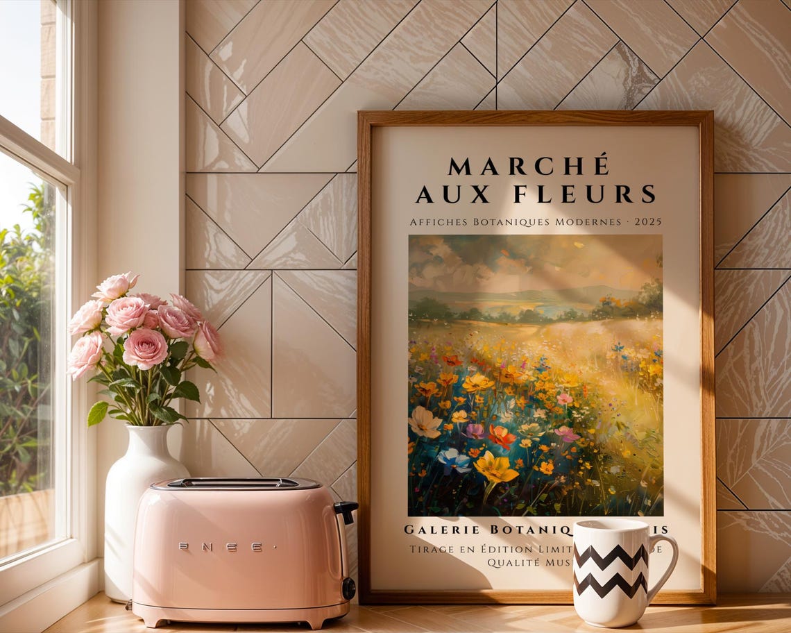 Marche aux Fleurs Sunset Wildflower Meadow French Botanical Poster