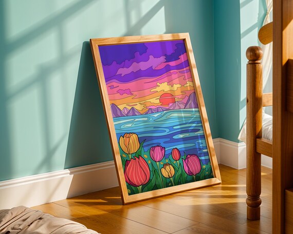Colourful Tulip Field Sunset Over Ocean Purple Sky Landscape Poster