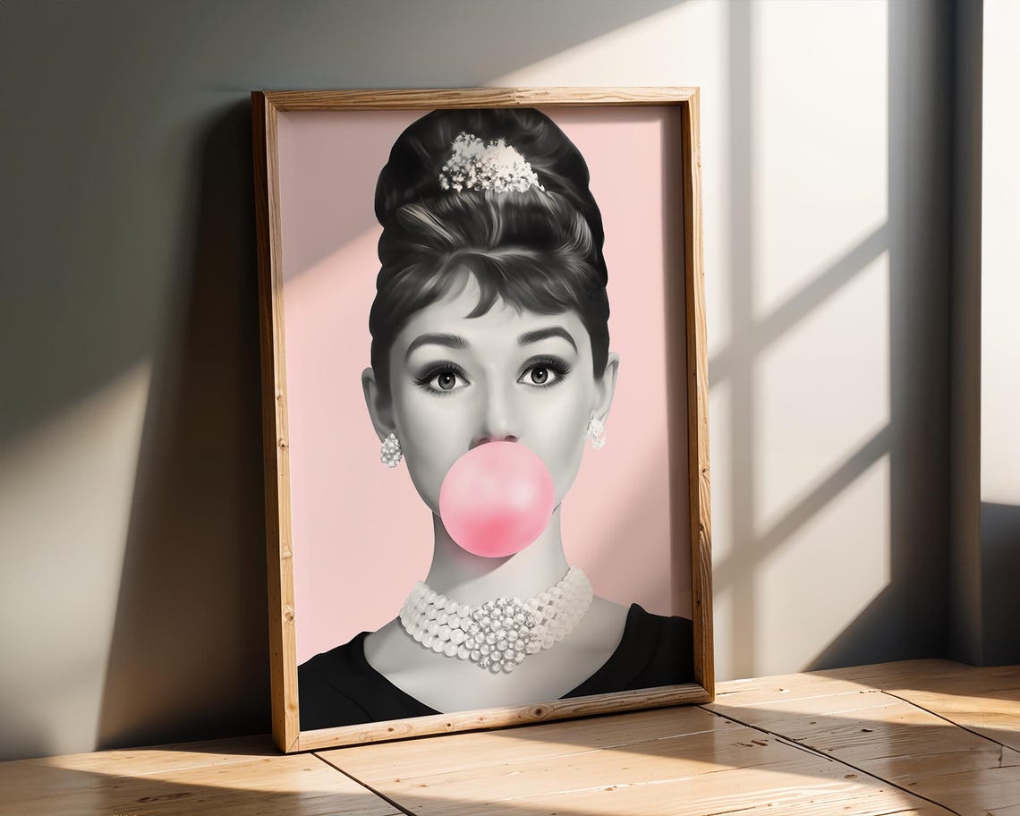 Audrey Hepburn Blowing Pink Bubblegum Black and White Pop Art Poster