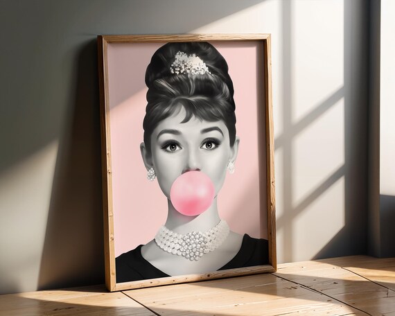 Audrey Hepburn Blowing Pink Bubblegum Black and White Pop Art Poster