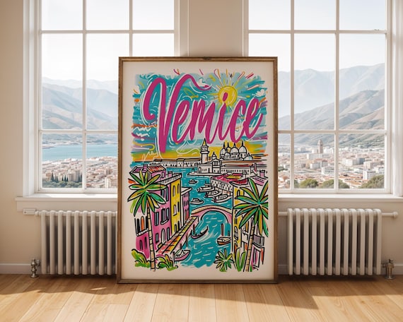 Venice Italy Canal Gondola Colorful Hand Drawn Travel Illustration Poster