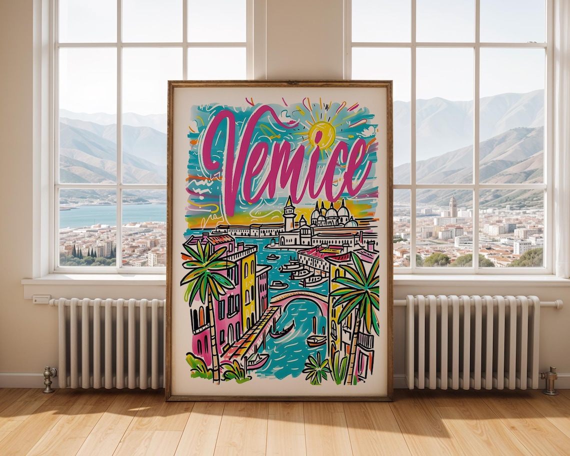 Venice Italy Canal Gondola Colorful Hand Drawn Travel Illustration Poster