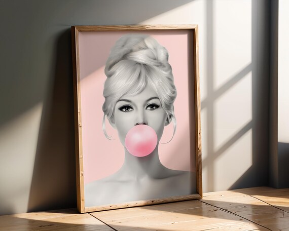 Bold Graffiti Girl Portrait Blowing Bubblegum Urban Street Art Wall Print Colouful Pop Painting Modern Contemporary Decor