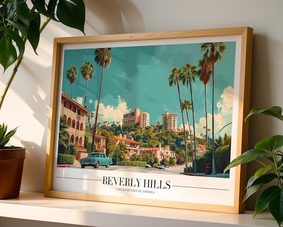 Beverly Hills California Retro Palm Tree Street Vintage Car Travel Poster
