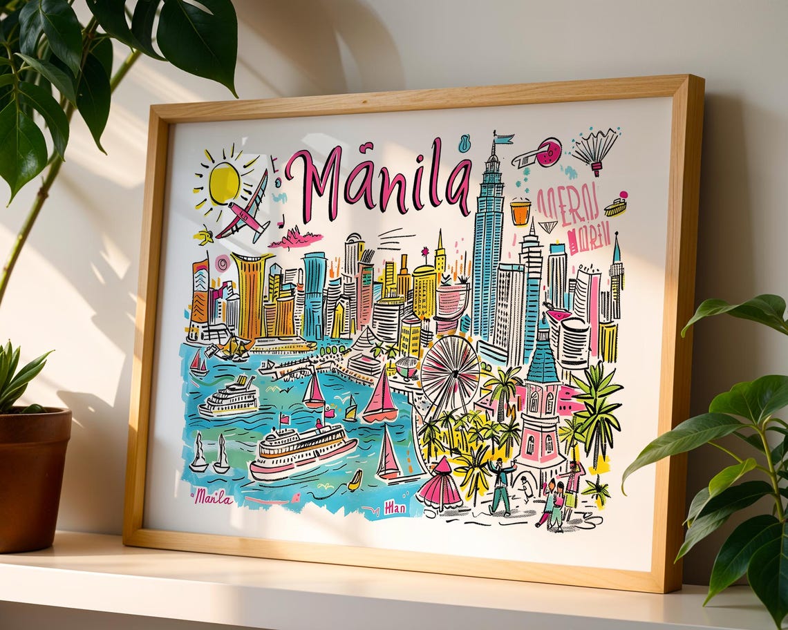 Manila Philippines Colorful Hand Drawn Harbor Skyline Travel Poster