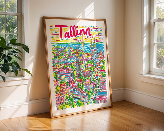 Tallinn Estonia Travel Poster Print Bright Baltic City Wall Art Historic Old Town Illustration Home Decor Gift
