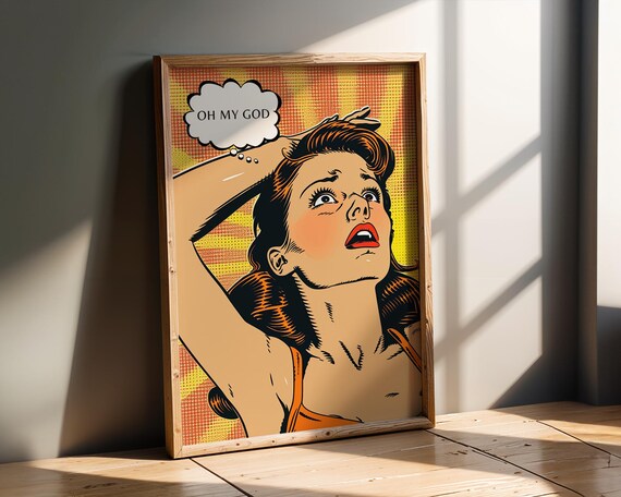 Retro Comic Pop Art Woman Shocked With Thought Bubble Oh My God Bright Vintage Style Wall Print Fun Bold Colourful Home Decor Office