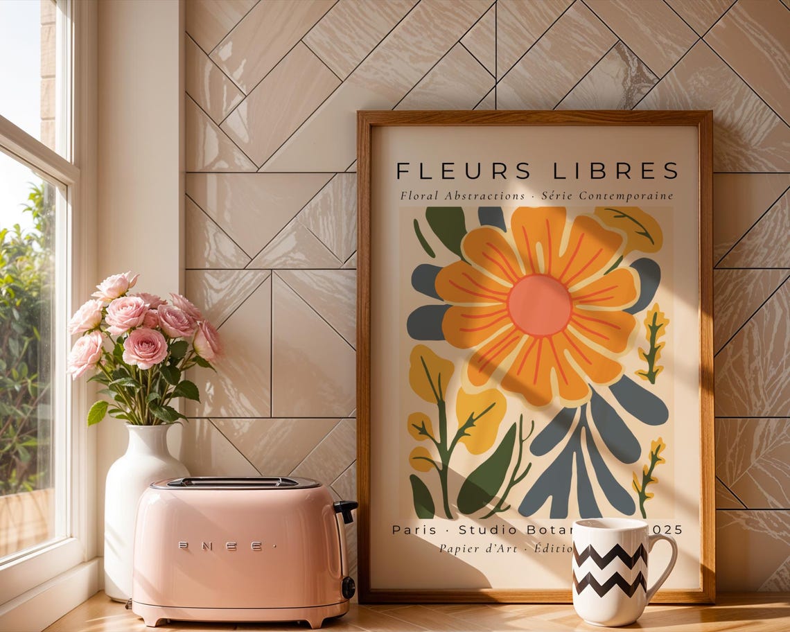 Fleurs Libres Orange Bloom Parisian Botanical Abstract Poster