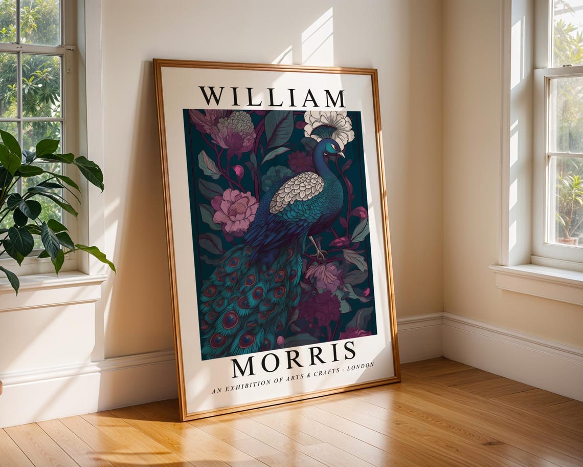 William Morris Peacock Dark Floral Arts and Crafts Exhibition Poster